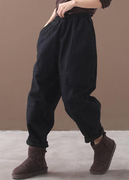 Black Loose Cotton Pants Elastic Waist Harem Pants