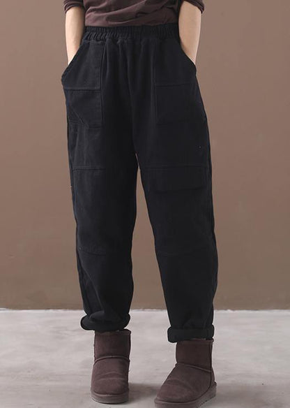 Black Loose Cotton Pants Elastic Waist Harem Pants