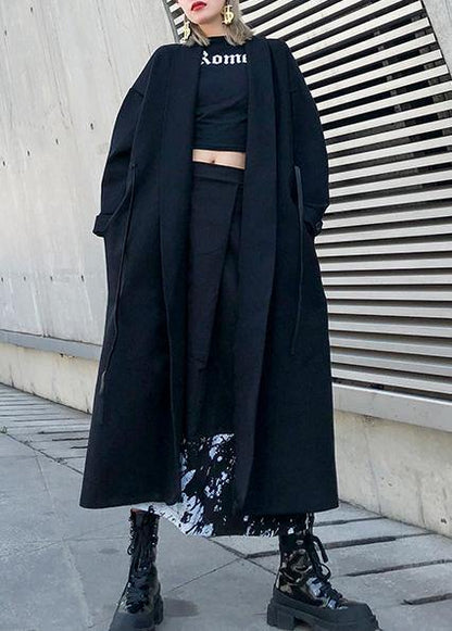Black Woolen Overcoat Winter Notched Tie Waist Coat
