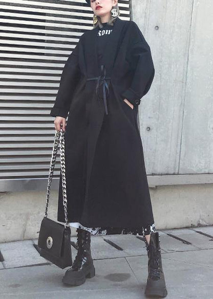 Black Woolen Overcoat Winter Notched Tie Waist Coat