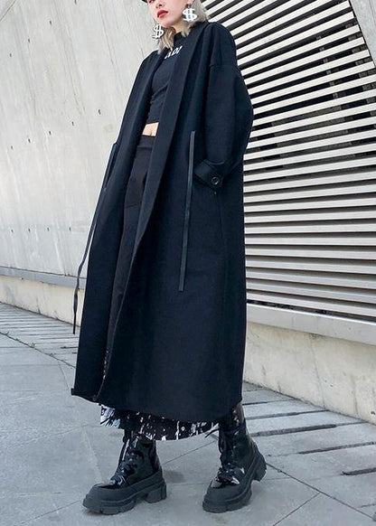 Black Woolen Overcoat Winter Notched Tie Waist Coat