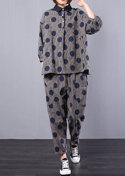 Blue Dotted Cotton Lapel Collar Tops and Elastic Waist Pants Two Pieces