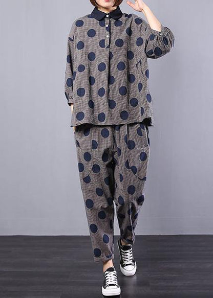 Blue Dotted Cotton Lapel Collar Tops and Elastic Waist Pants Two Pieces