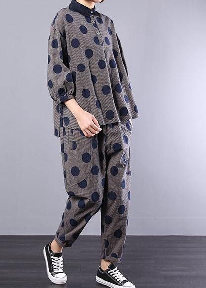 Blue Dotted Cotton Lapel Collar Tops and Elastic Waist Pants Two Pieces