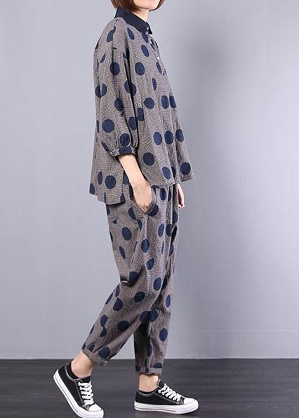 Blue Dotted Cotton Lapel Collar Tops and Elastic Waist Pants Two Pieces