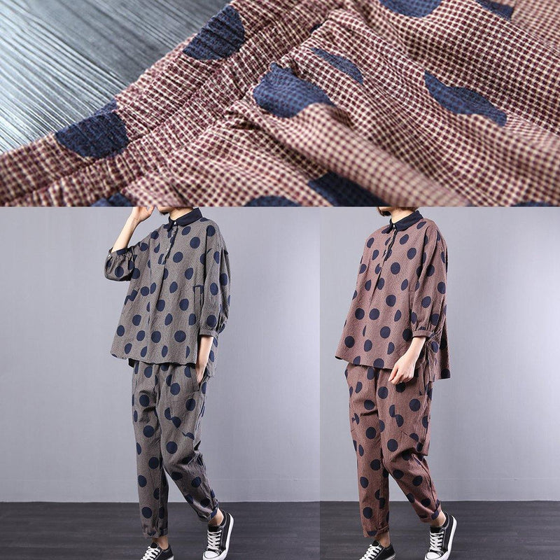 Blue Dotted Cotton Lapel Collar Tops and Elastic Waist Pants Two Pieces