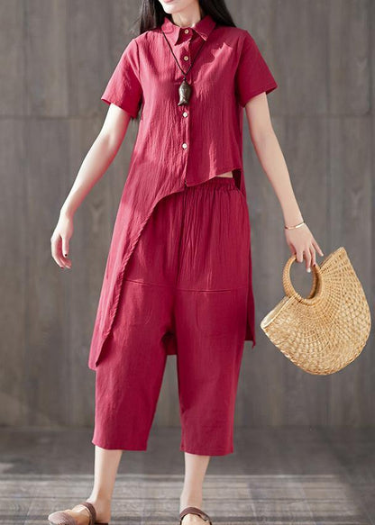 Two Pieces Red Asymmetric Lapel Tops and Pockets Harem Pants