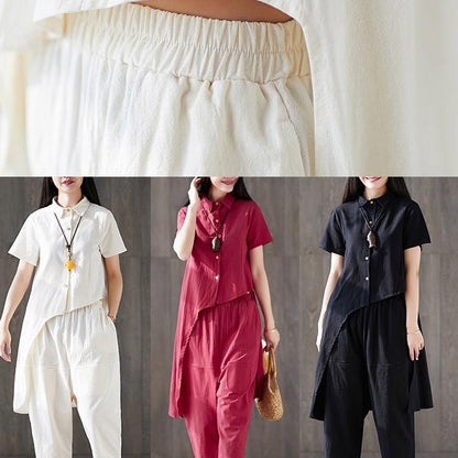 Two Pieces Red Asymmetric Lapel Tops and Pockets Harem Pants