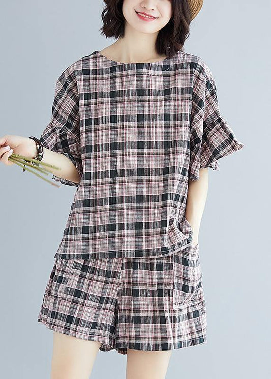 Plue Size Plaid Cotton Linen Tops and Hot Pants Two Pieces Summer