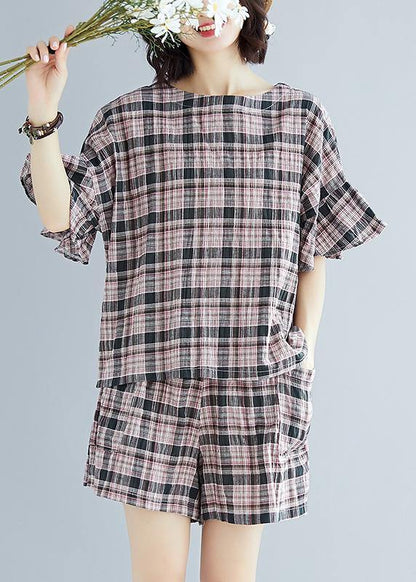 Plue Size Plaid Cotton Linen Tops and Hot Pants Two Pieces Summer