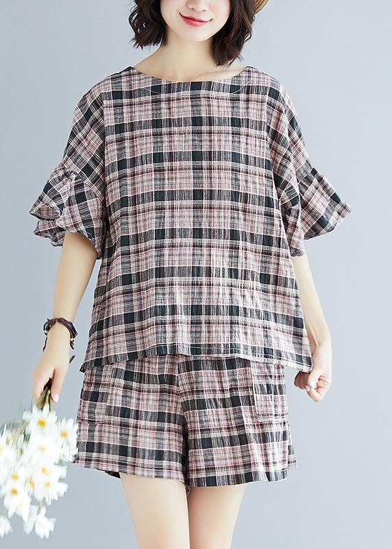 Plue Size Plaid Cotton Linen Tops and Hot Pants Two Pieces Summer