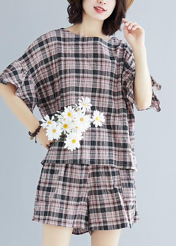Plue Size Plaid Cotton Linen Tops and Hot Pants Two Pieces Summer