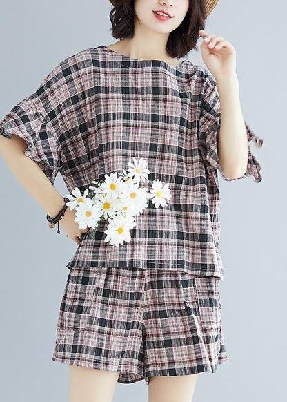 Plue Size Plaid Cotton Linen Tops and Hot Pants Two Pieces Summer