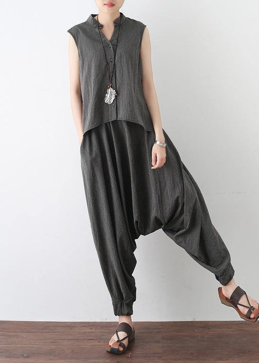 Gray Cotton Linen Two Pieces Sleeveless Tops and Pants