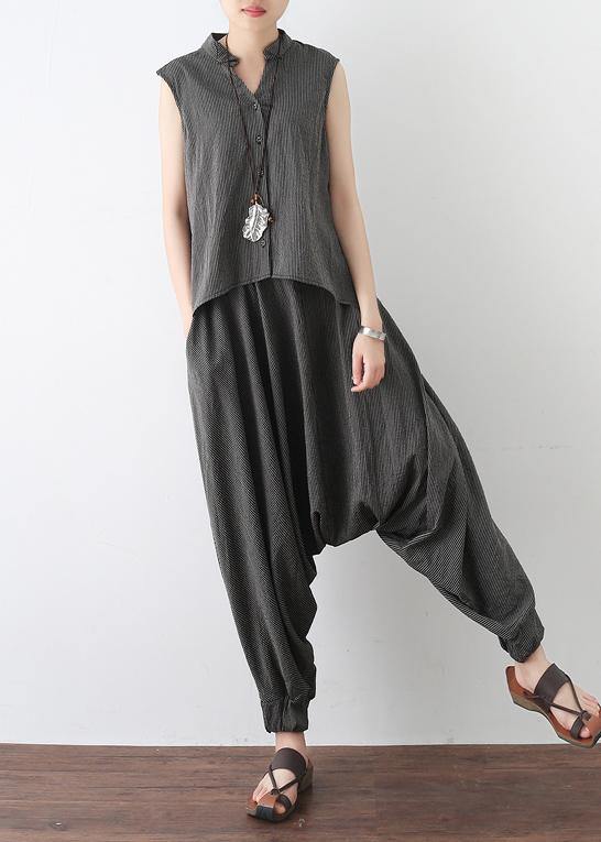 Gray Cotton Linen Two Pieces Sleeveless Tops and Pants