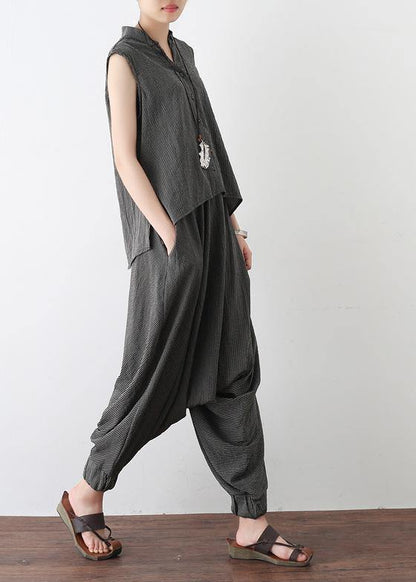 Gray Cotton Linen Two Pieces Sleeveless Tops and Pants
