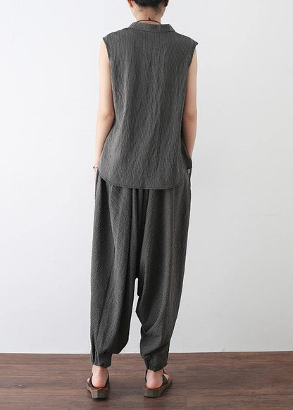Gray Cotton Linen Two Pieces Sleeveless Tops and Pants