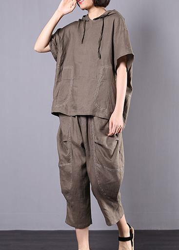 Gray Cotton Linen Loose Hooded Tops and Harem Pants Two Pieces