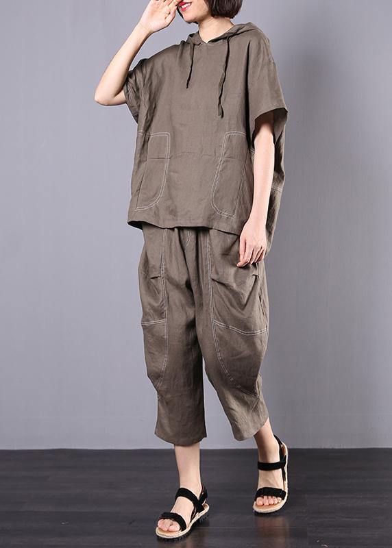 Gray Cotton Linen Loose Hooded Tops and Harem Pants Two Pieces