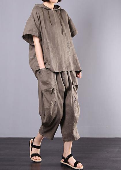 Gray Cotton Linen Loose Hooded Tops and Harem Pants Two Pieces
