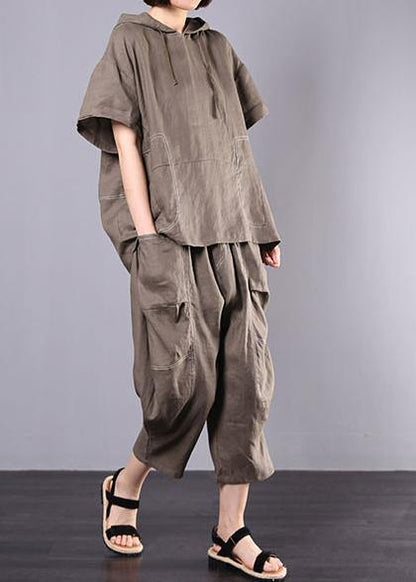 Gray Cotton Linen Loose Hooded Tops and Harem Pants Two Pieces