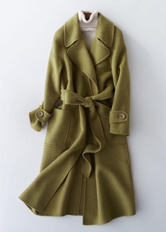 Green Wool Jackets Long Winter Coat Lapel Collar Coats Tie Waist