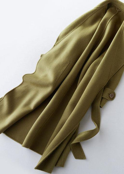 Green Wool Jackets Long Winter Coat Lapel Collar Coats Tie Waist