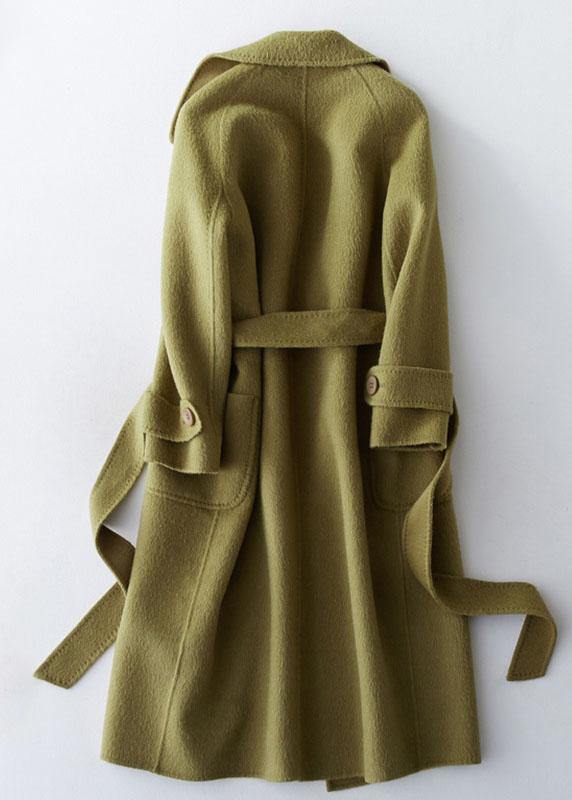 Green Wool Jackets Long Winter Coat Lapel Collar Coats Tie Waist
