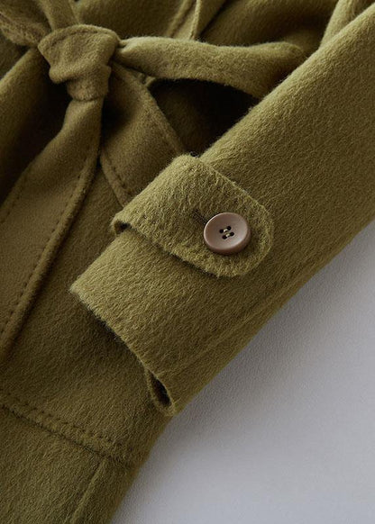 Green Wool Jackets Long Winter Coat Lapel Collar Coats Tie Waist