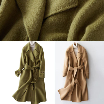 Green Wool Jackets Long Winter Coat Lapel Collar Coats Tie Waist
