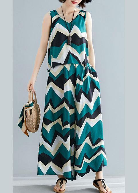 Green Prints Sleeveless V Neck Tops and Elastic Waist Wide Leg Pants Two Pieces