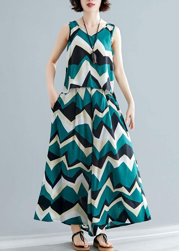 Green Prints Sleeveless V Neck Tops and Elastic Waist Wide Leg Pants Two Pieces