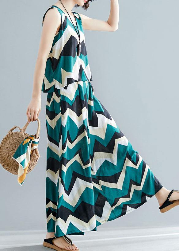 Green Prints Sleeveless V Neck Tops and Elastic Waist Wide Leg Pants Two Pieces