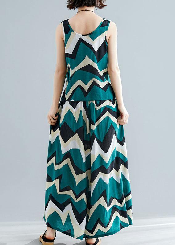 Green Prints Sleeveless V Neck Tops and Elastic Waist Wide Leg Pants Two Pieces
