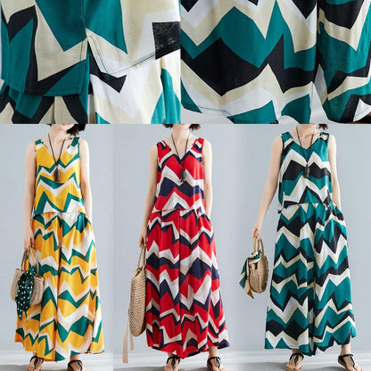 Green Prints Sleeveless V Neck Tops and Elastic Waist Wide Leg Pants Two Pieces