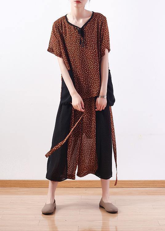 Khaki Two Pieces Chiffon Dotted Tops and Patchwork Wide Leg Pants