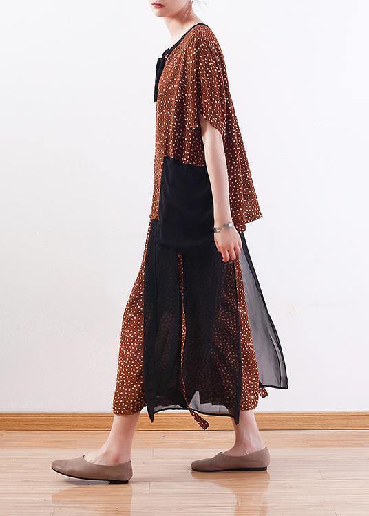 Khaki Two Pieces Chiffon Dotted Tops and Patchwork Wide Leg Pants