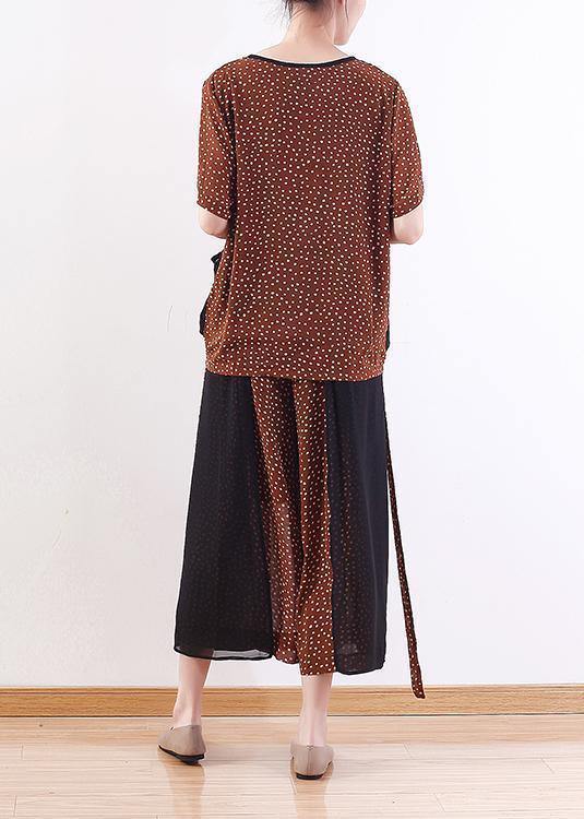 Khaki Two Pieces Chiffon Dotted Tops and Patchwork Wide Leg Pants