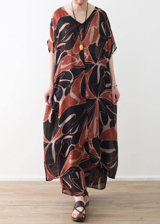 Khaki Chiffon Two Pieces V Neck Dress and Elastic Waist Wide Leg Pants