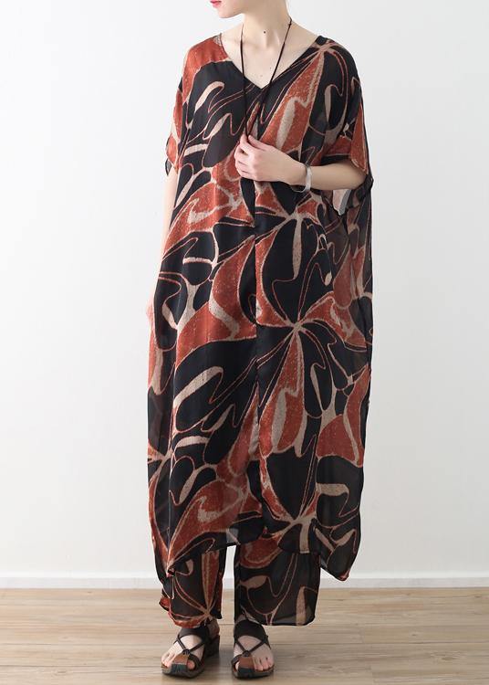Khaki Chiffon Two Pieces V Neck Dress and Elastic Waist Wide Leg Pants
