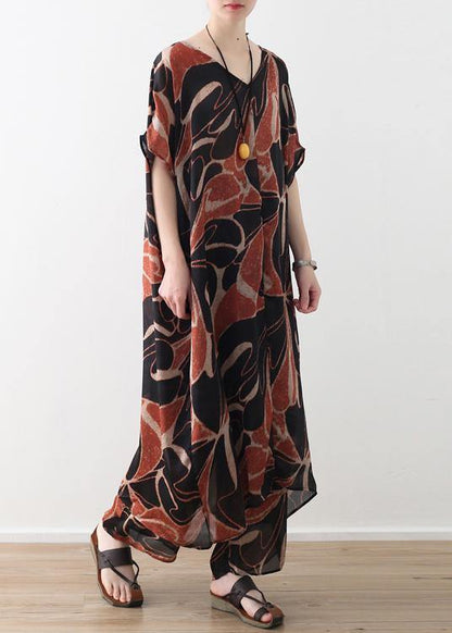 Khaki Chiffon Two Pieces V Neck Dress and Elastic Waist Wide Leg Pants