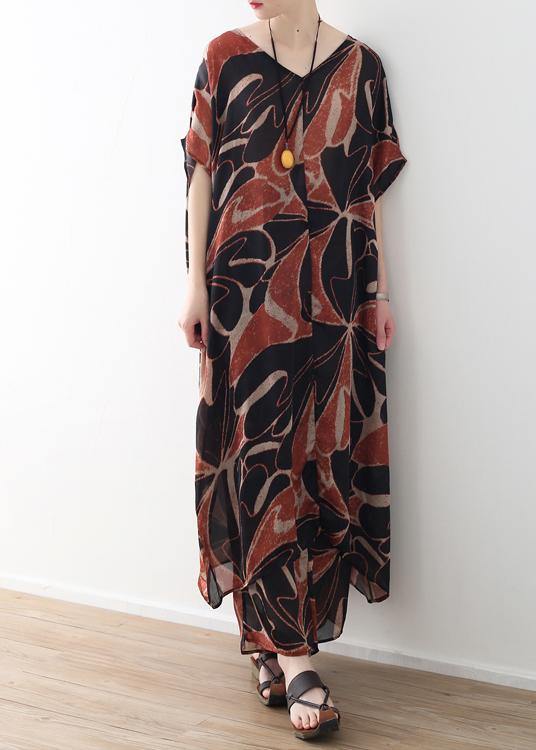 Khaki Chiffon Two Pieces V Neck Dress and Elastic Waist Wide Leg Pants