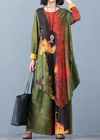 Large Size Chiffon Irregular Long Section Top Loose Wide Leg Pants Green Printed Two-piece Suit