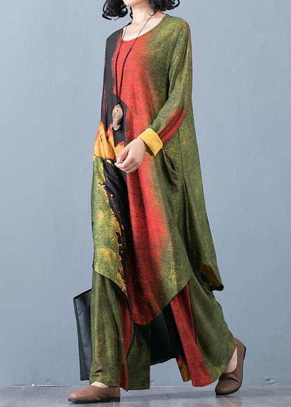 Large Size Chiffon Irregular Long Section Top Loose Wide Leg Pants Green Printed Two-piece Suit