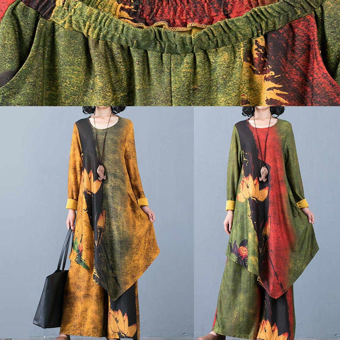 Large Size Chiffon Irregular Long Section Top Loose Wide Leg Pants Green Printed Two-piece Suit