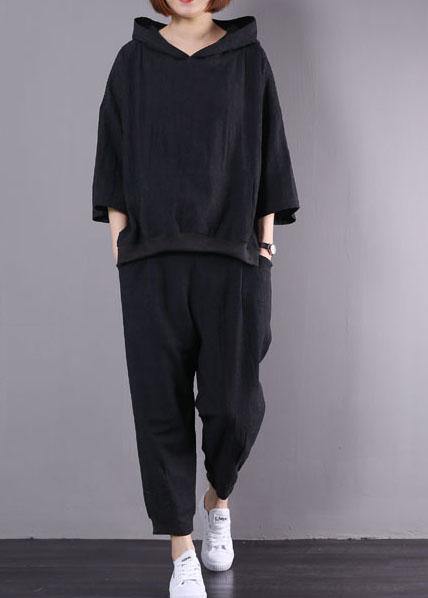 New Black Cotton Linen Two Pieces Hooded Pullover and Elastic Waist Pants