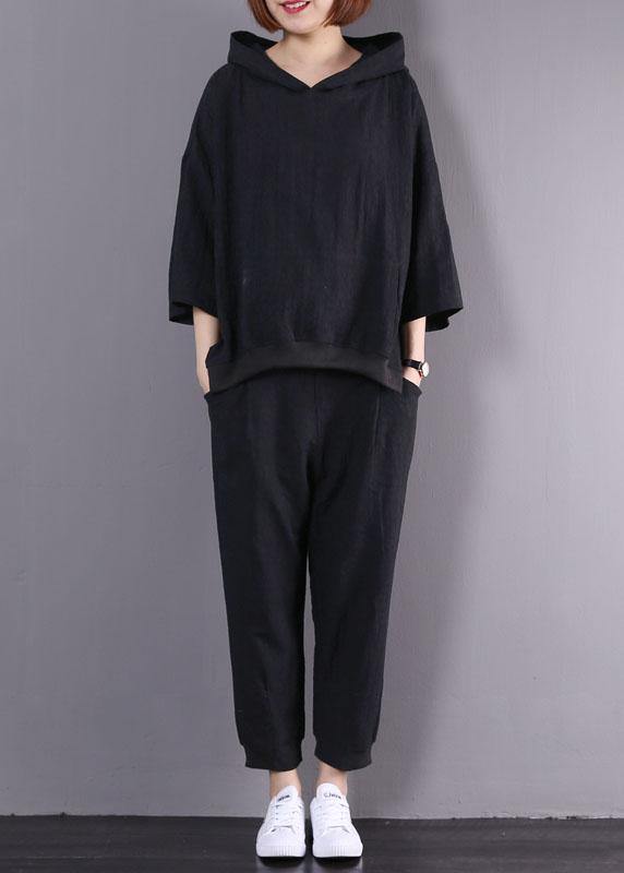 New Black Cotton Linen Two Pieces Hooded Pullover and Elastic Waist Pants
