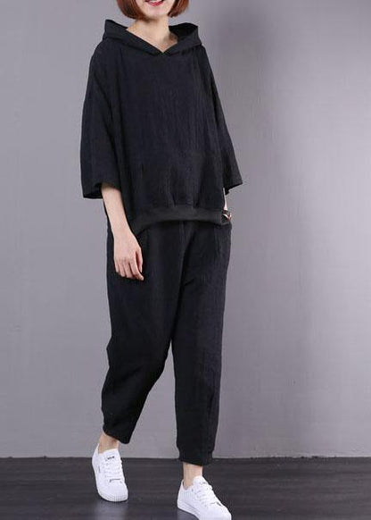 New Black Cotton Linen Two Pieces Hooded Pullover and Elastic Waist Pants