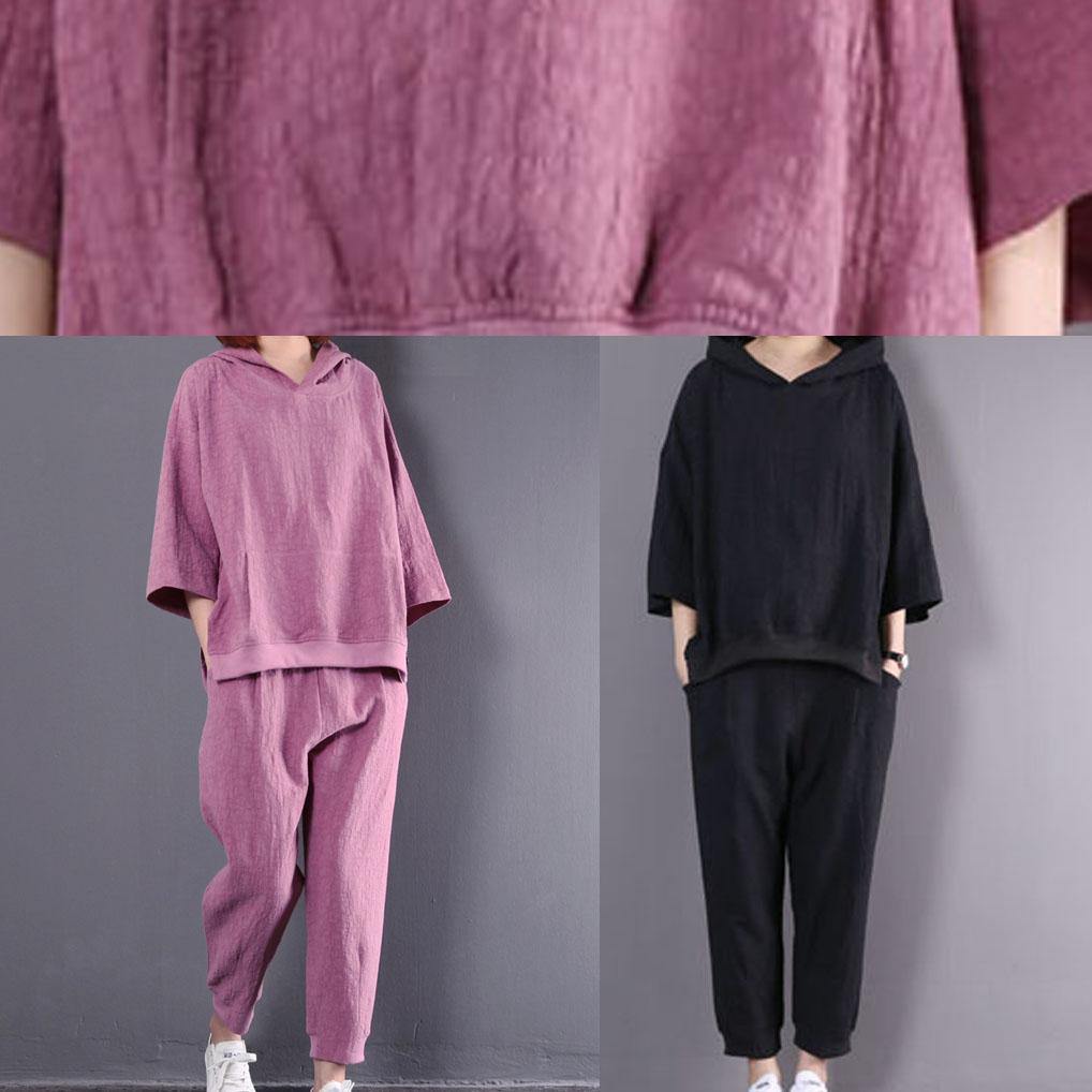 New Black Cotton Linen Two Pieces Hooded Pullover and Elastic Waist Pants