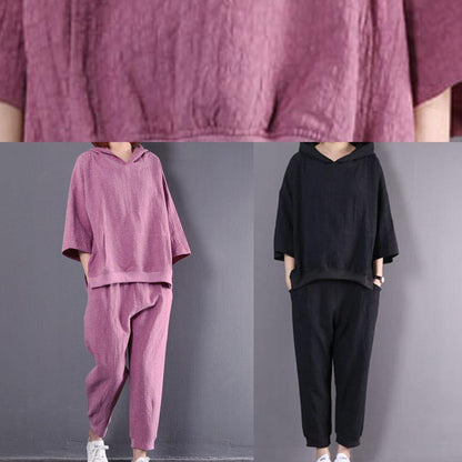 New Black Cotton Linen Two Pieces Hooded Pullover and Elastic Waist Pants
